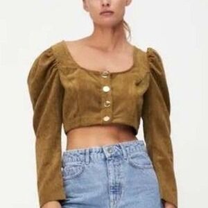 Zara Corduroy Crop Top Camel Brown Puff Sleeves Women's M neutralcore chiccor